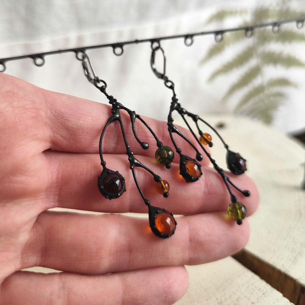 Black Kiln-Fused Glass Branch Asymmetrical Earrings – Copper & Pewter