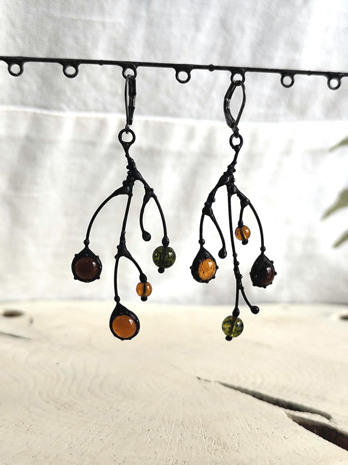 Black Kiln-Fused Glass Branch Asymmetrical Earrings – Copper & Pewter