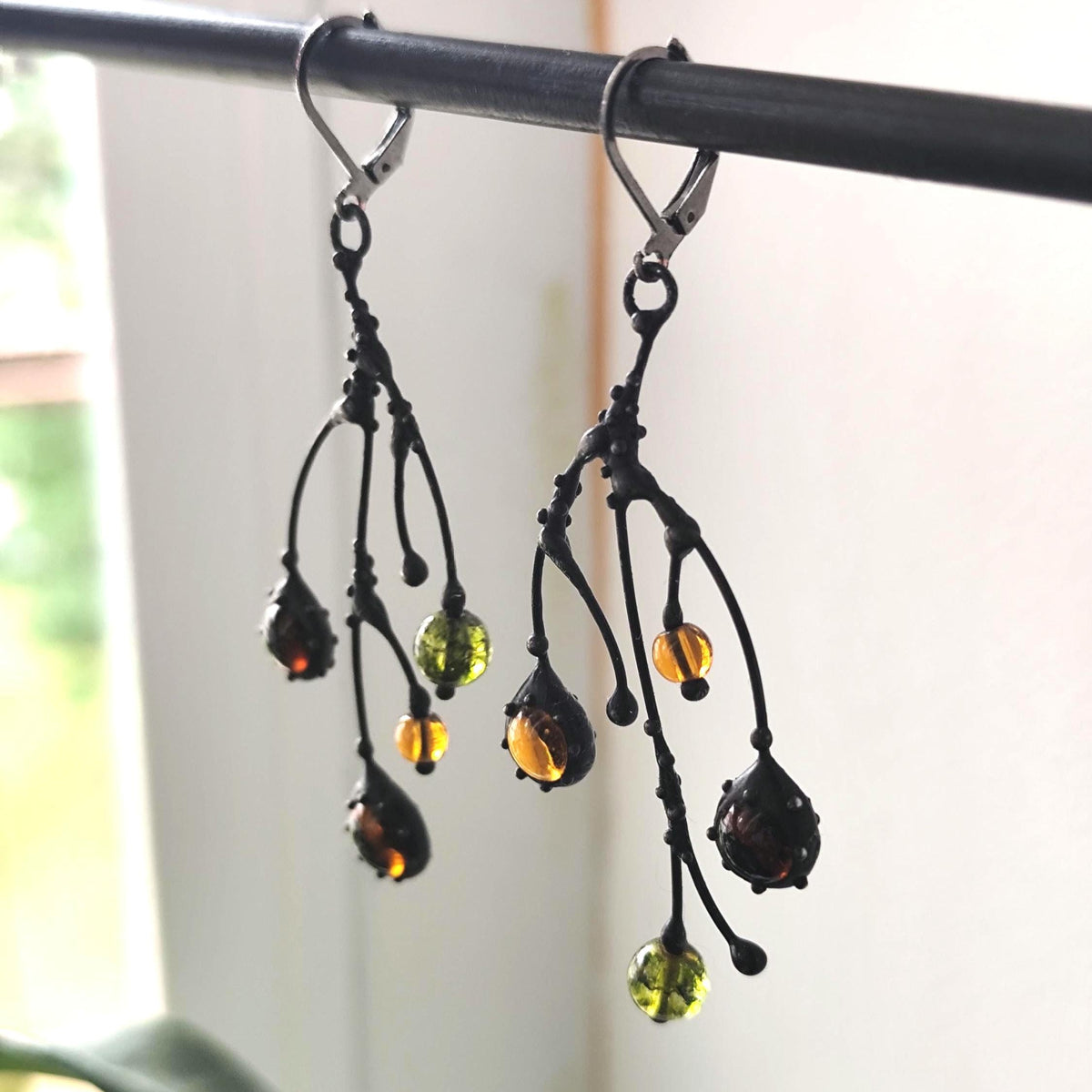 Black Kiln-Fused Glass Branch Asymmetrical Earrings – Copper & Pewter