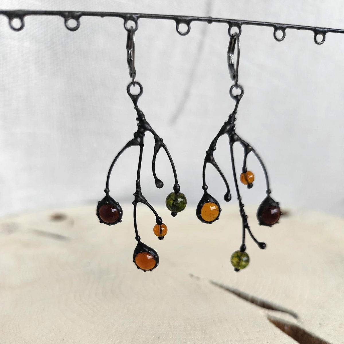 Black Kiln-Fused Glass Branch Asymmetrical Earrings – Copper & Pewter