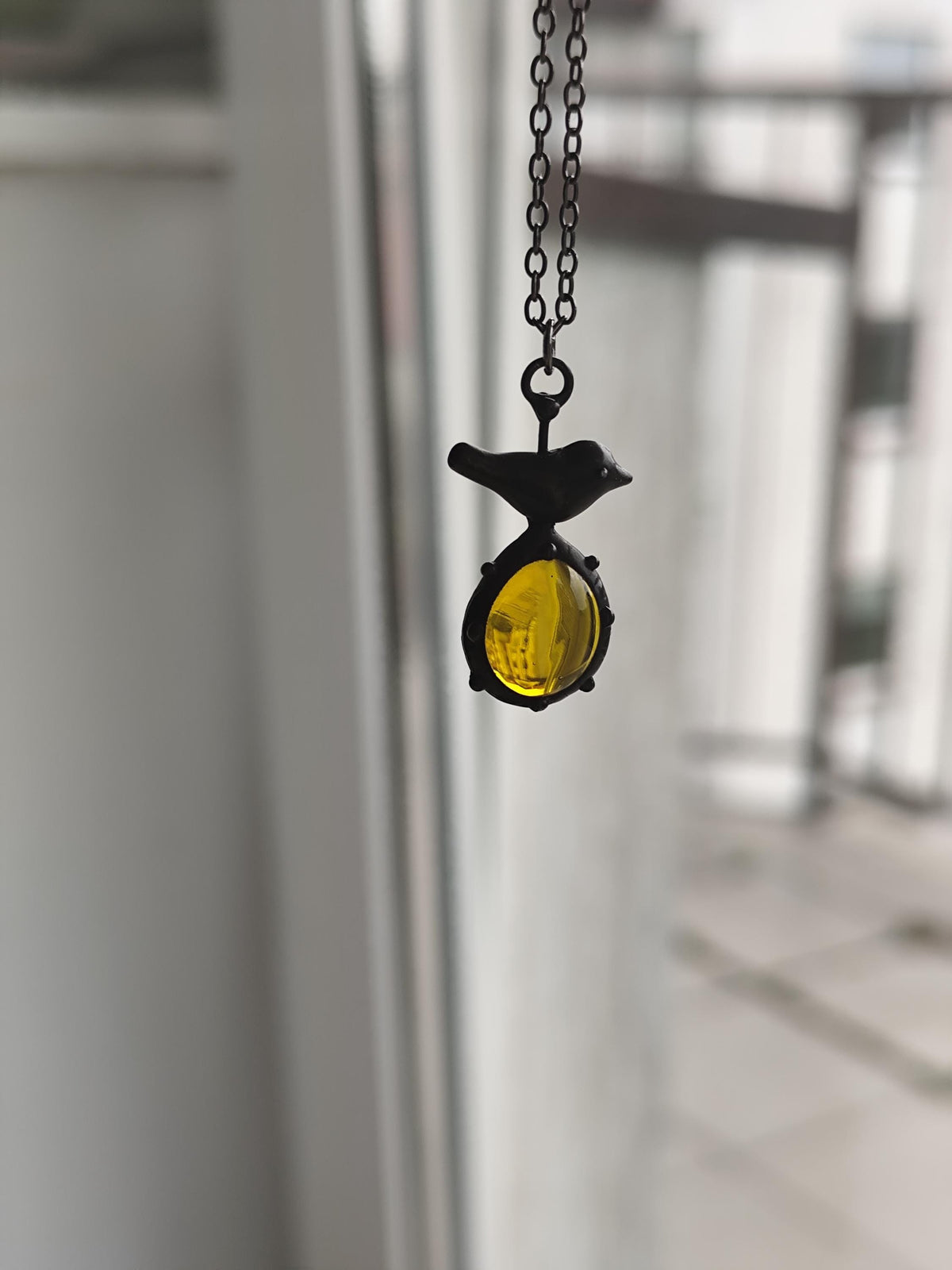 Black Stained Glass Bird Pendant Necklace – Copper & Pewter