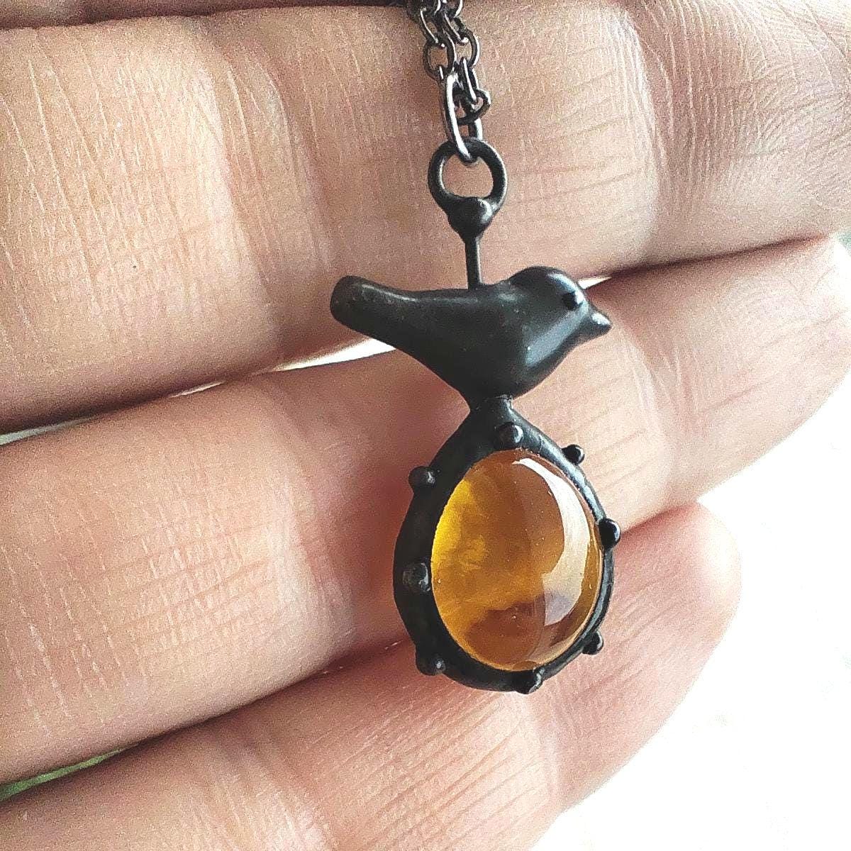Black Stained Glass Bird Pendant Necklace – Copper & Pewter