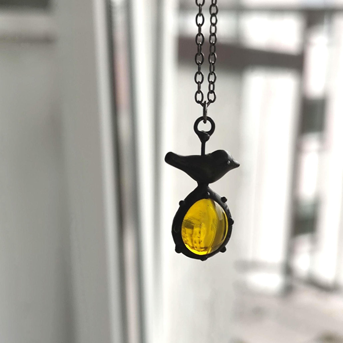Black Stained Glass Bird Pendant Necklace – Copper & Pewter