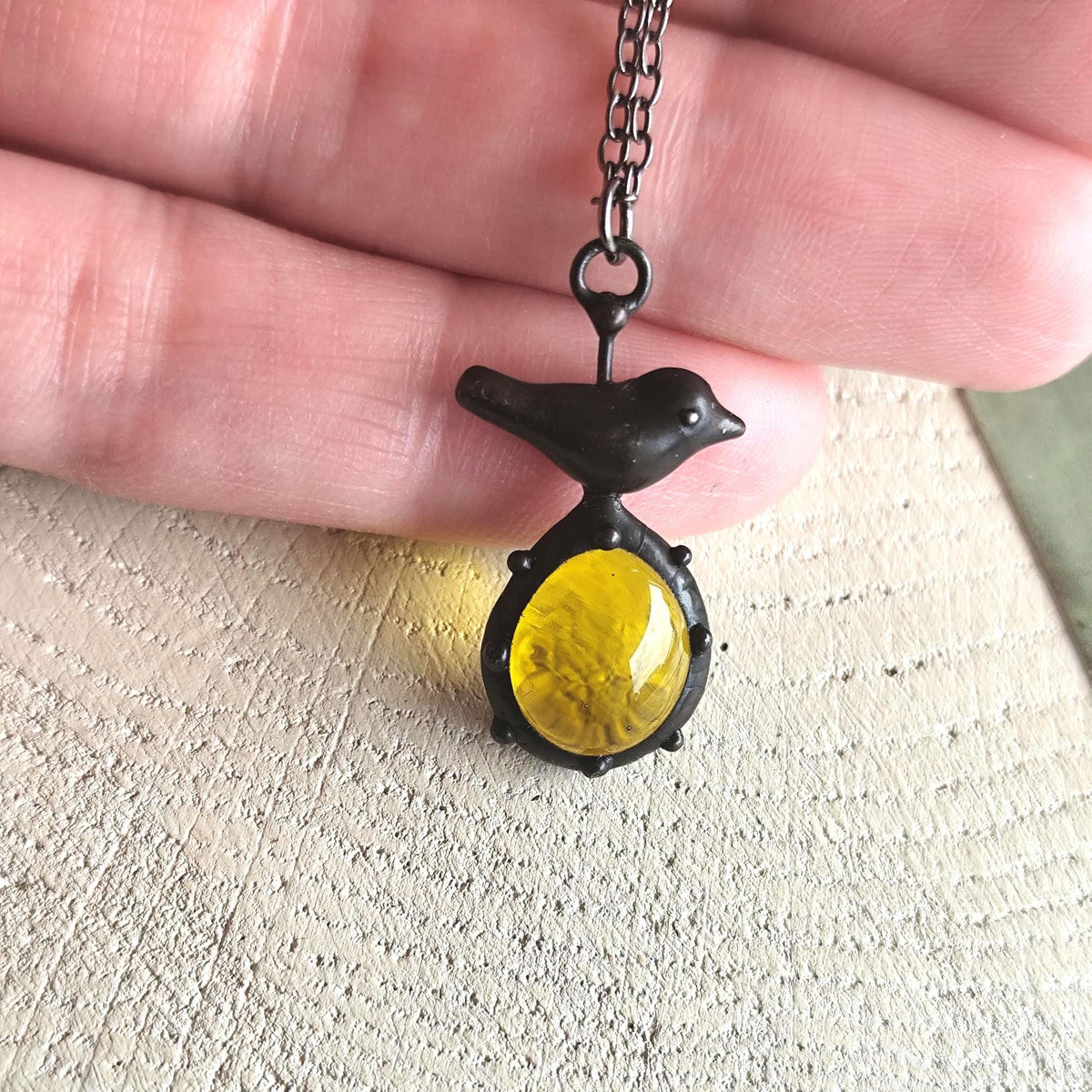 Black Stained Glass Bird Pendant Necklace – Copper & Pewter