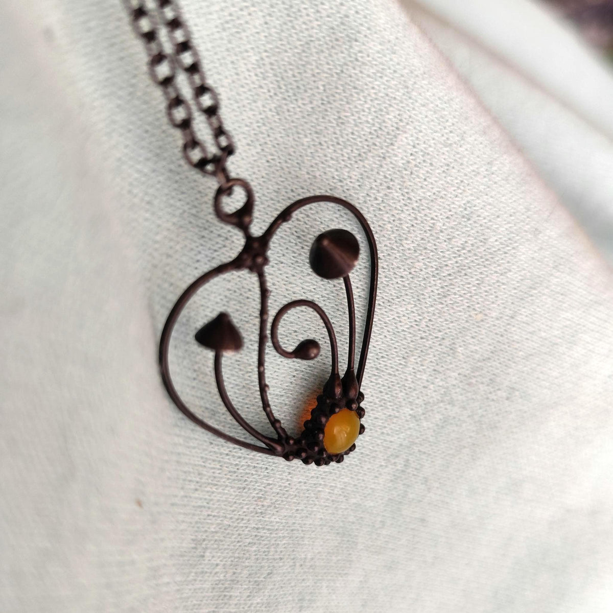 Black Kiln-Fused Glass Mushroom Pendant Necklace – Copper & Pewter