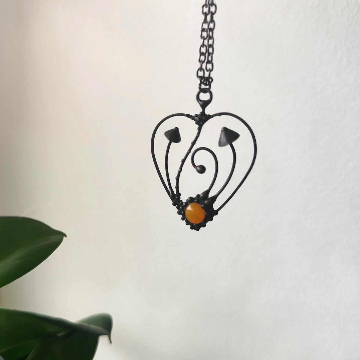 Black Kiln-Fused Glass Mushroom Pendant Necklace – Copper & Pewter
