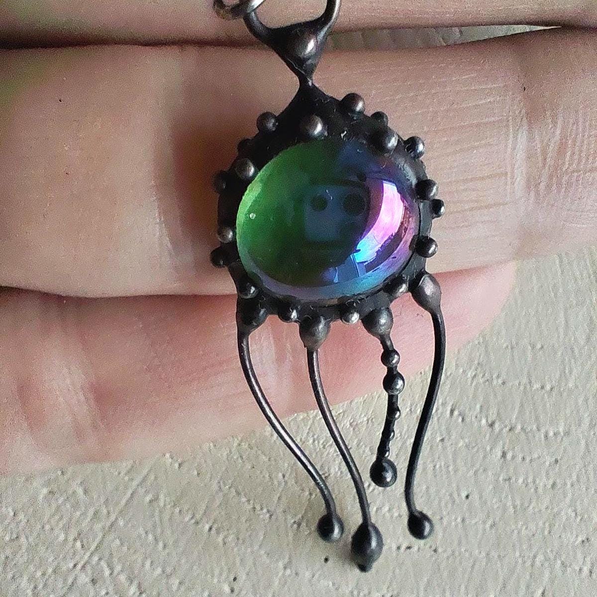 Green Glass Jellyfish Necklace – Blackened Copper
