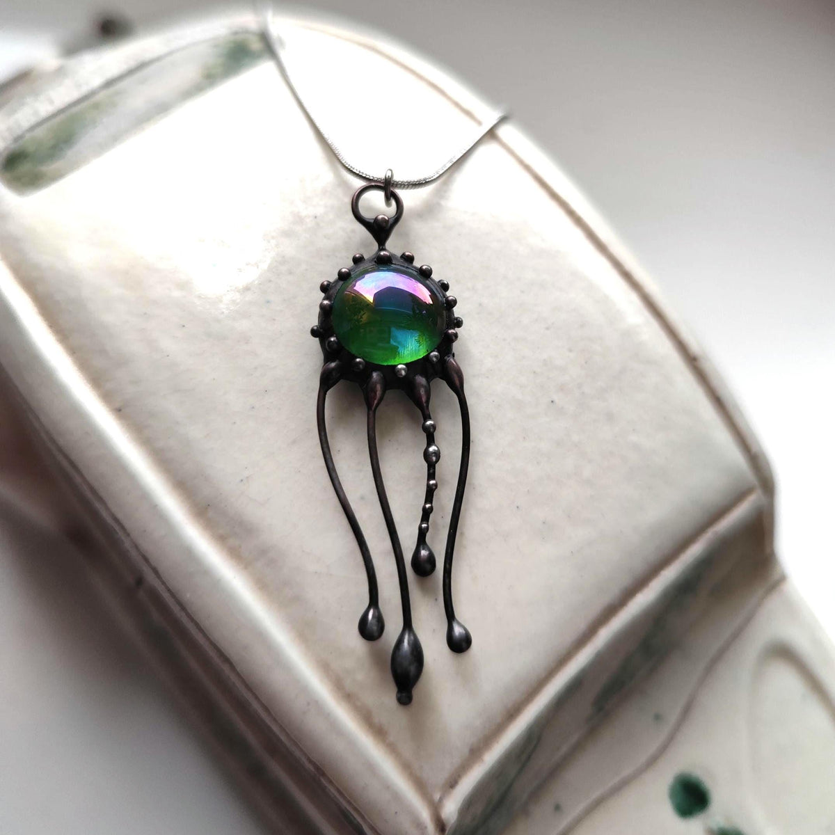 Green Glass Jellyfish Necklace – Blackened Copper