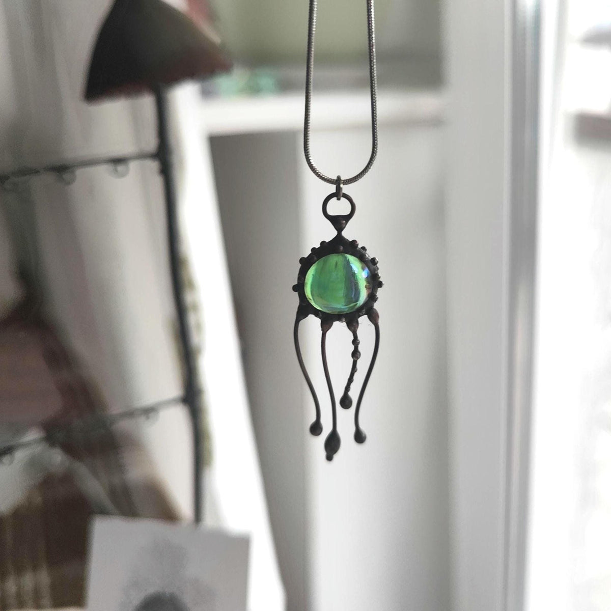 Green Glass Jellyfish Necklace – Blackened Copper