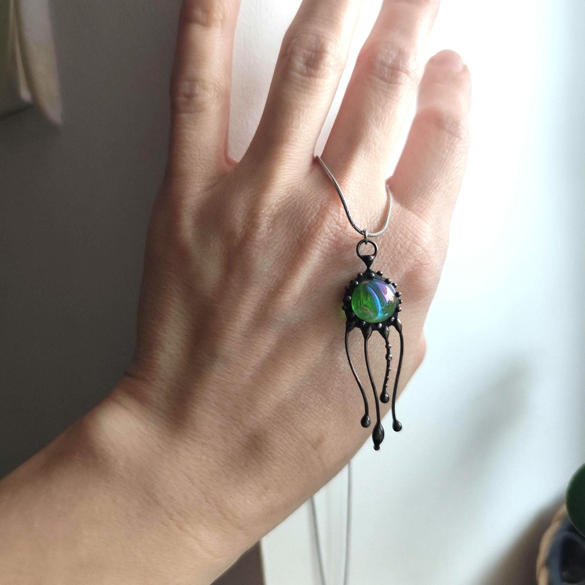 Green Glass Jellyfish Necklace – Blackened Copper