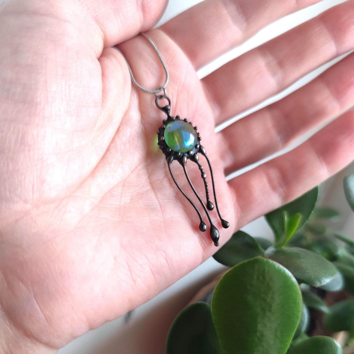 Green Glass Jellyfish Necklace – Blackened Copper