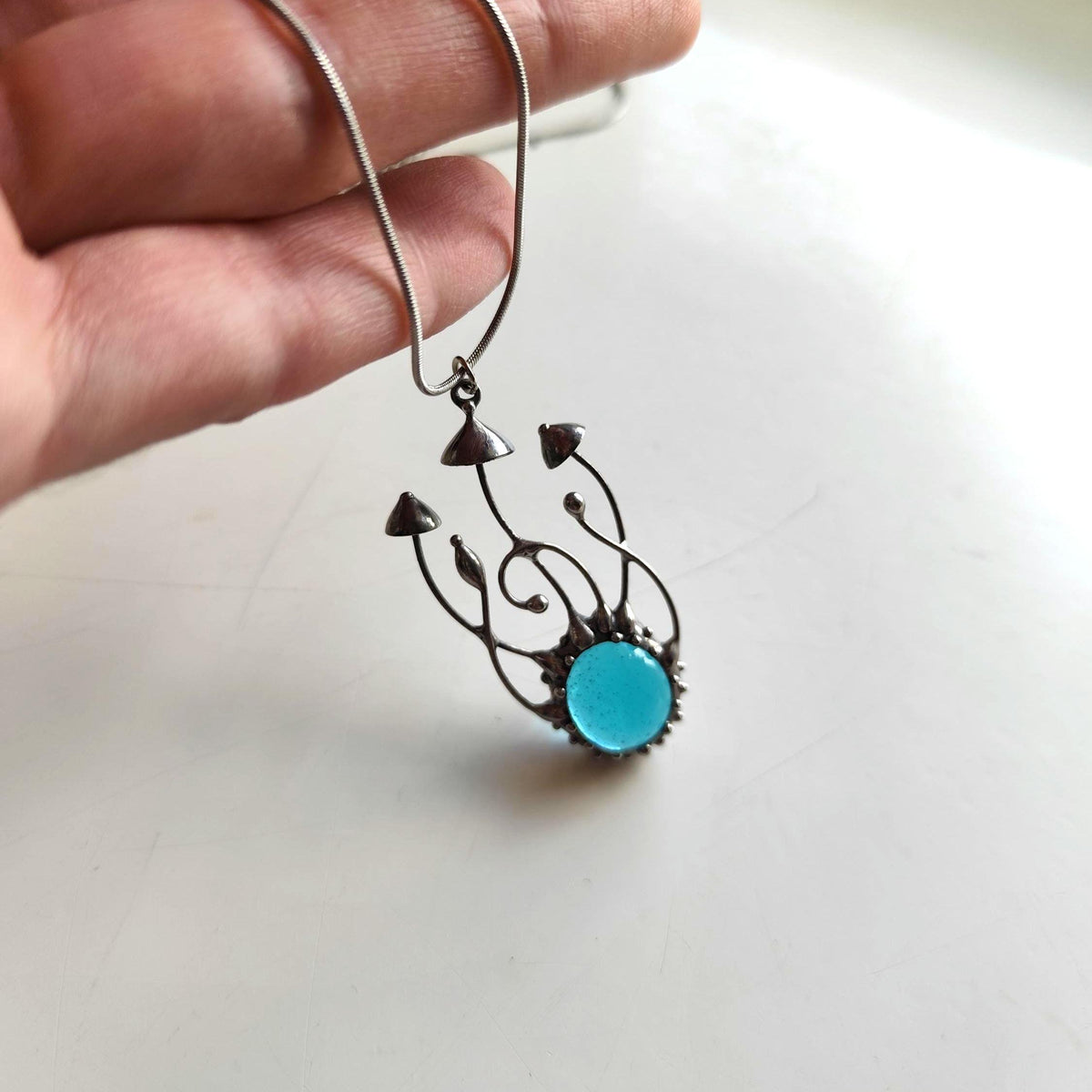 Silver Tone Mushroom Pendant Necklace – Copper & Pewter Nature