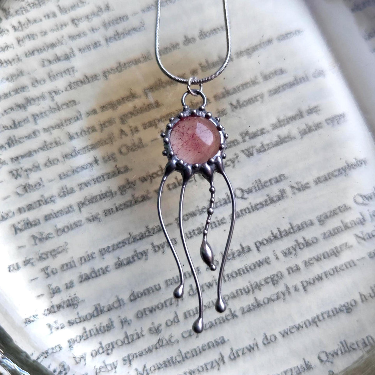 Pink Quartz Jellyfish Pendant Necklace – Silver Tone