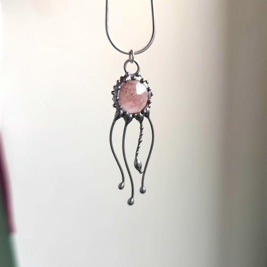 Pink Quartz Jellyfish Pendant Necklace – Silver Tone