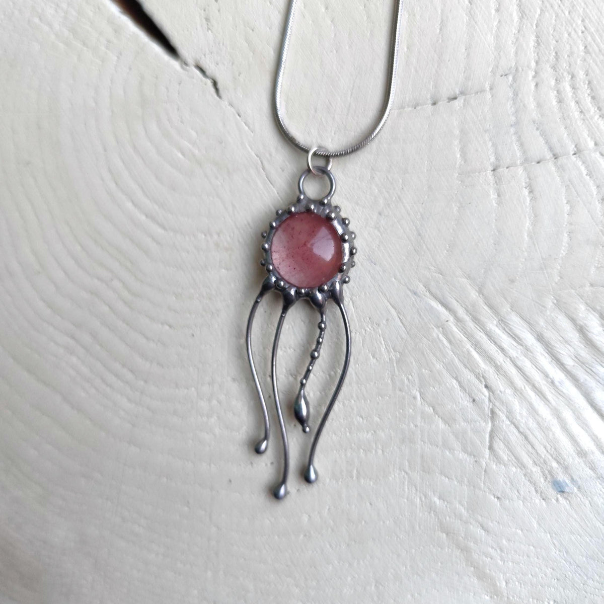 Pink Quartz Jellyfish Pendant Necklace – Silver Tone
