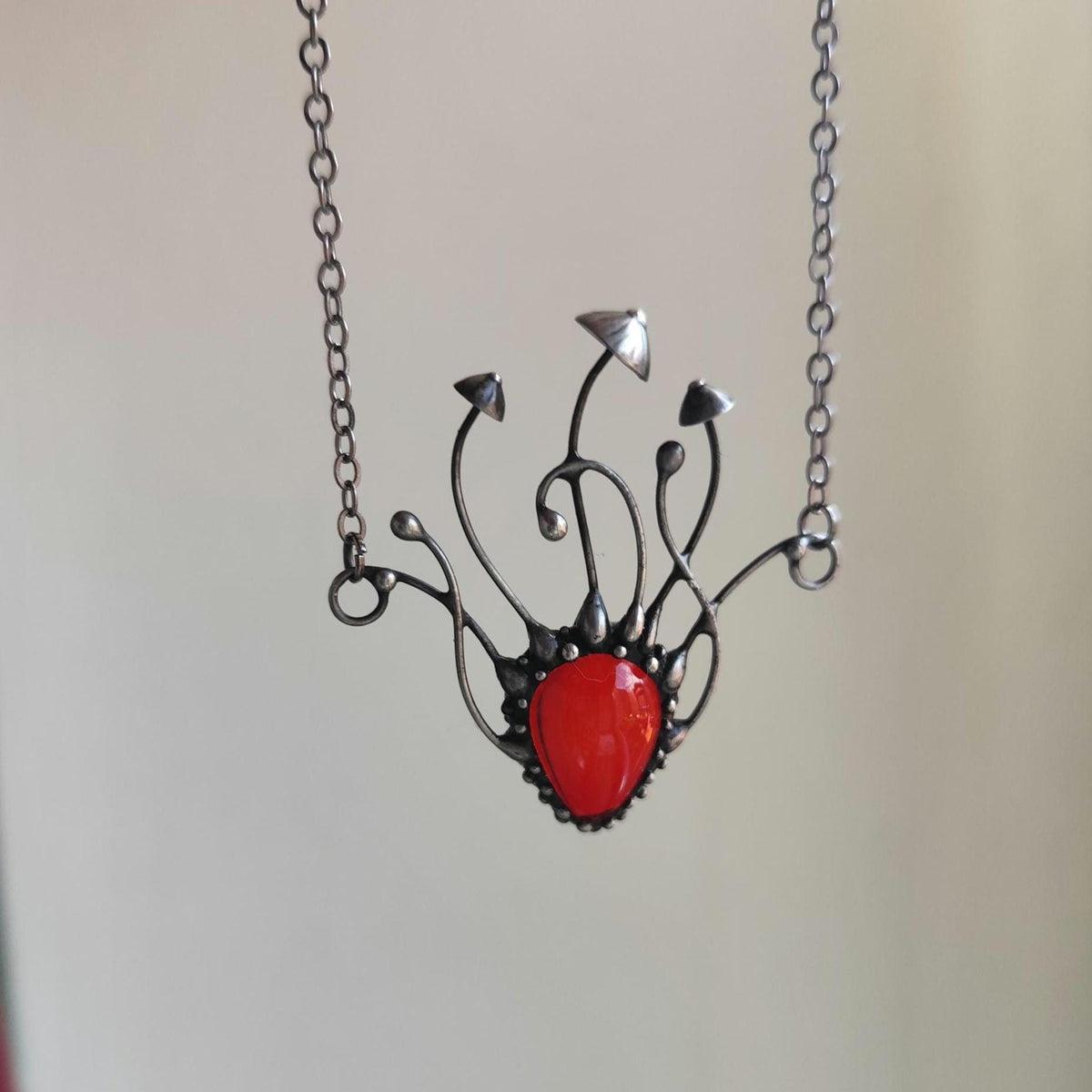 Red Glass Mushroom Necklace – Blackened Copper Forest Pendant – Sculptural Fungi