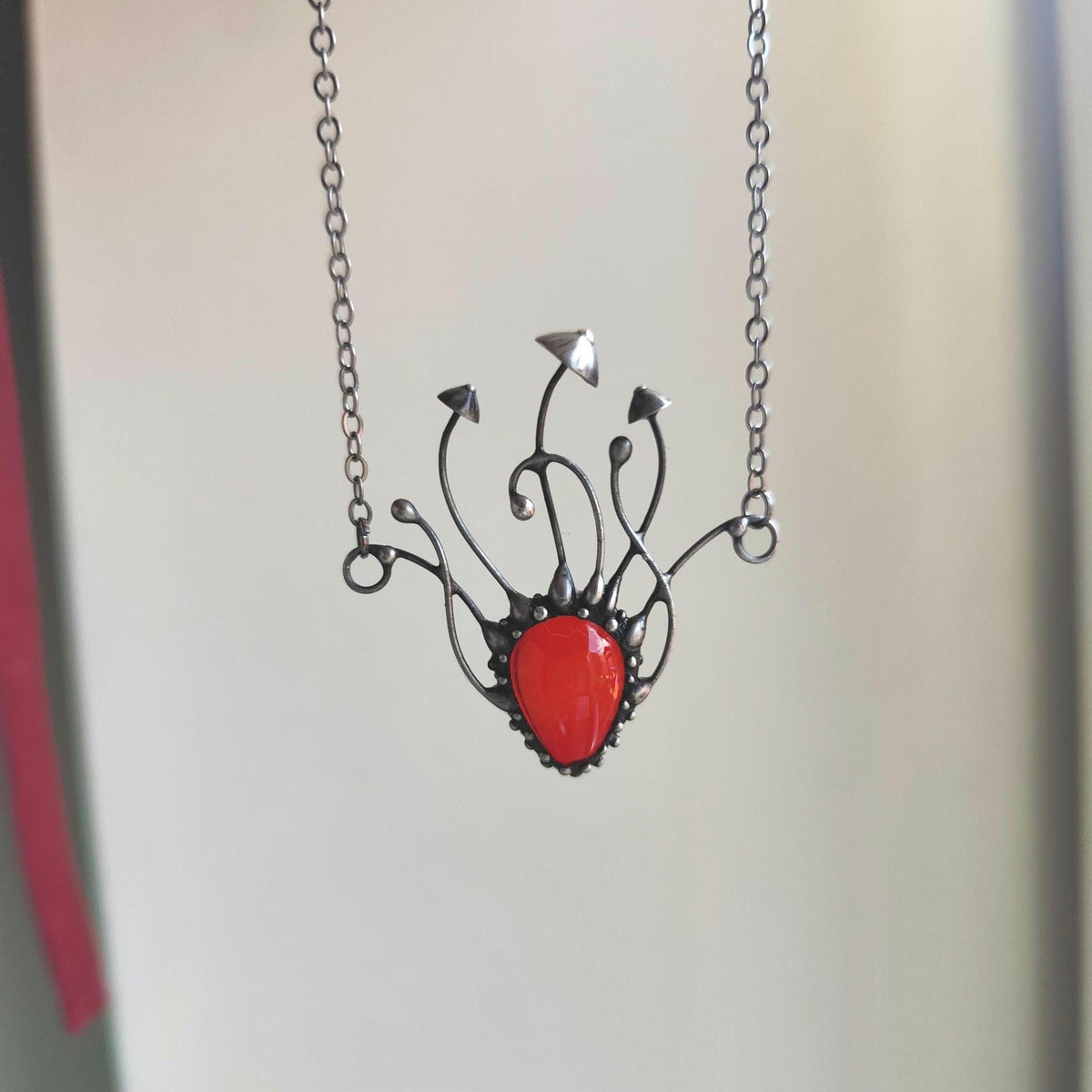 Red Glass Mushroom Necklace – Blackened Copper Forest Pendant – Sculptural Fungi