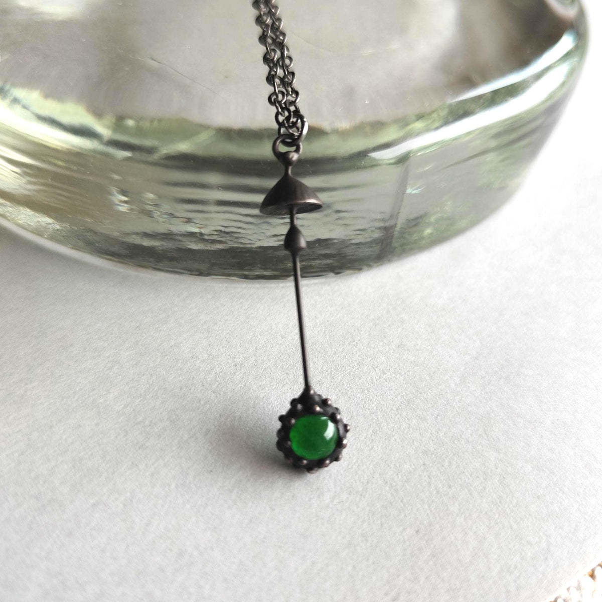 Green Glass Mushroom Necklace – Blackened Copper Long Stem Pendant – Minimalist Forest