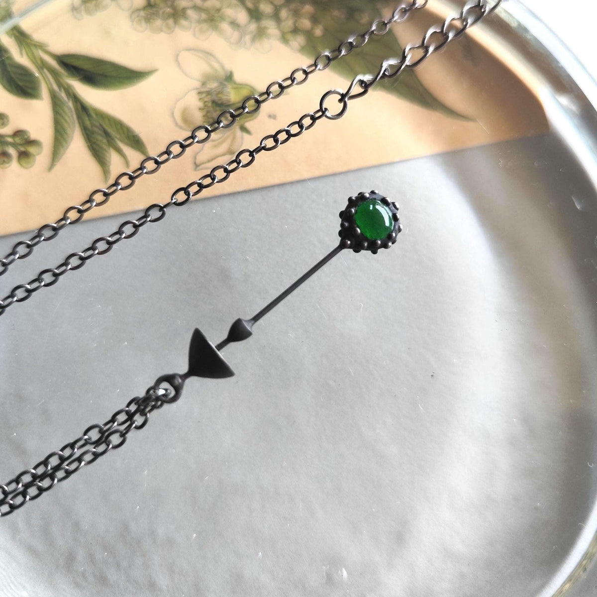 Green Glass Mushroom Necklace – Blackened Copper Long Stem Pendant – Minimalist Forest