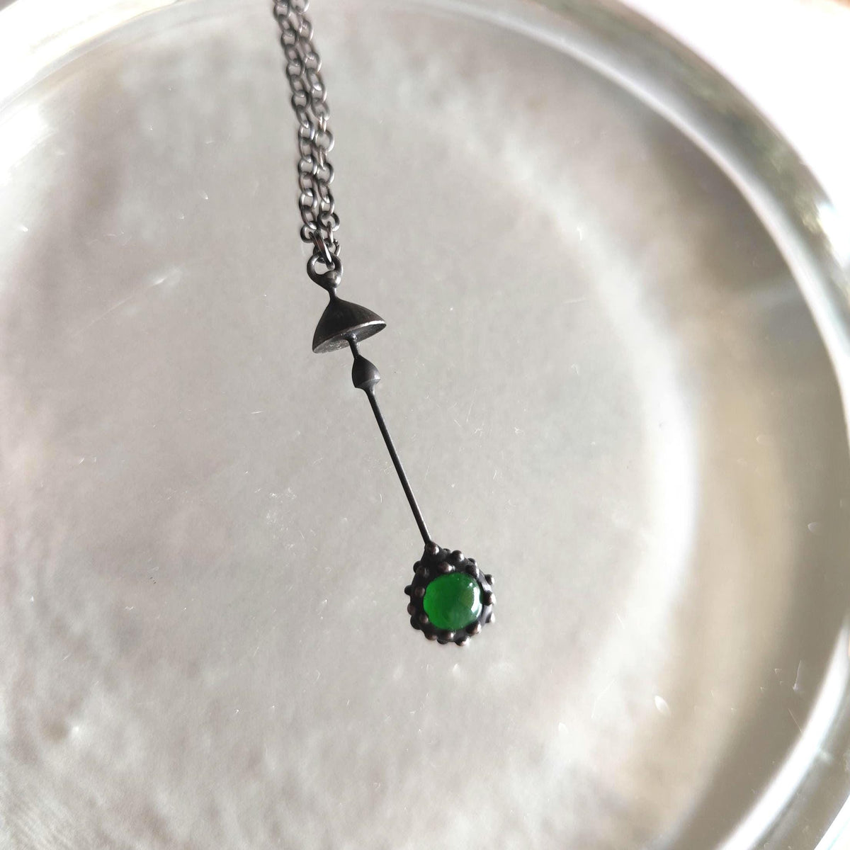 Green Glass Mushroom Necklace – Blackened Copper Long Stem Pendant – Minimalist Forest