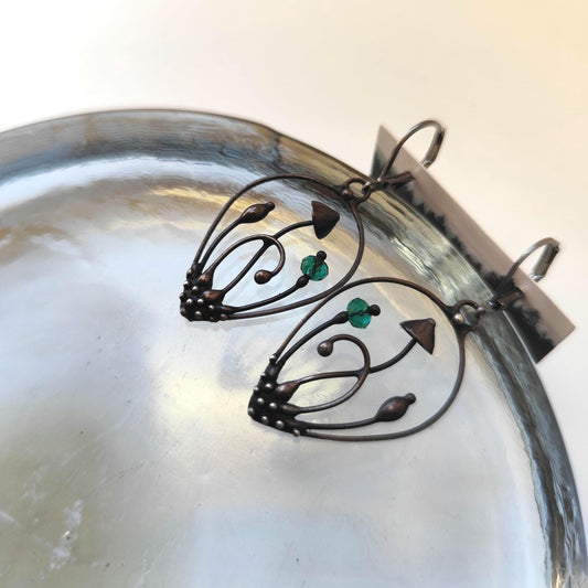 Green Glass Mushroom Drop Earrings – Blackened Copper