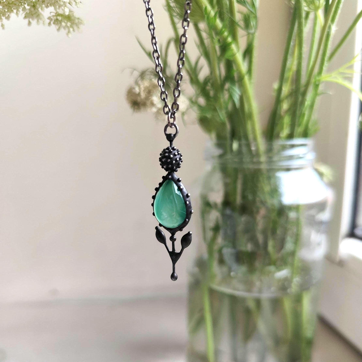 Green Agate Flower Pendant Necklace – Blackened Copper