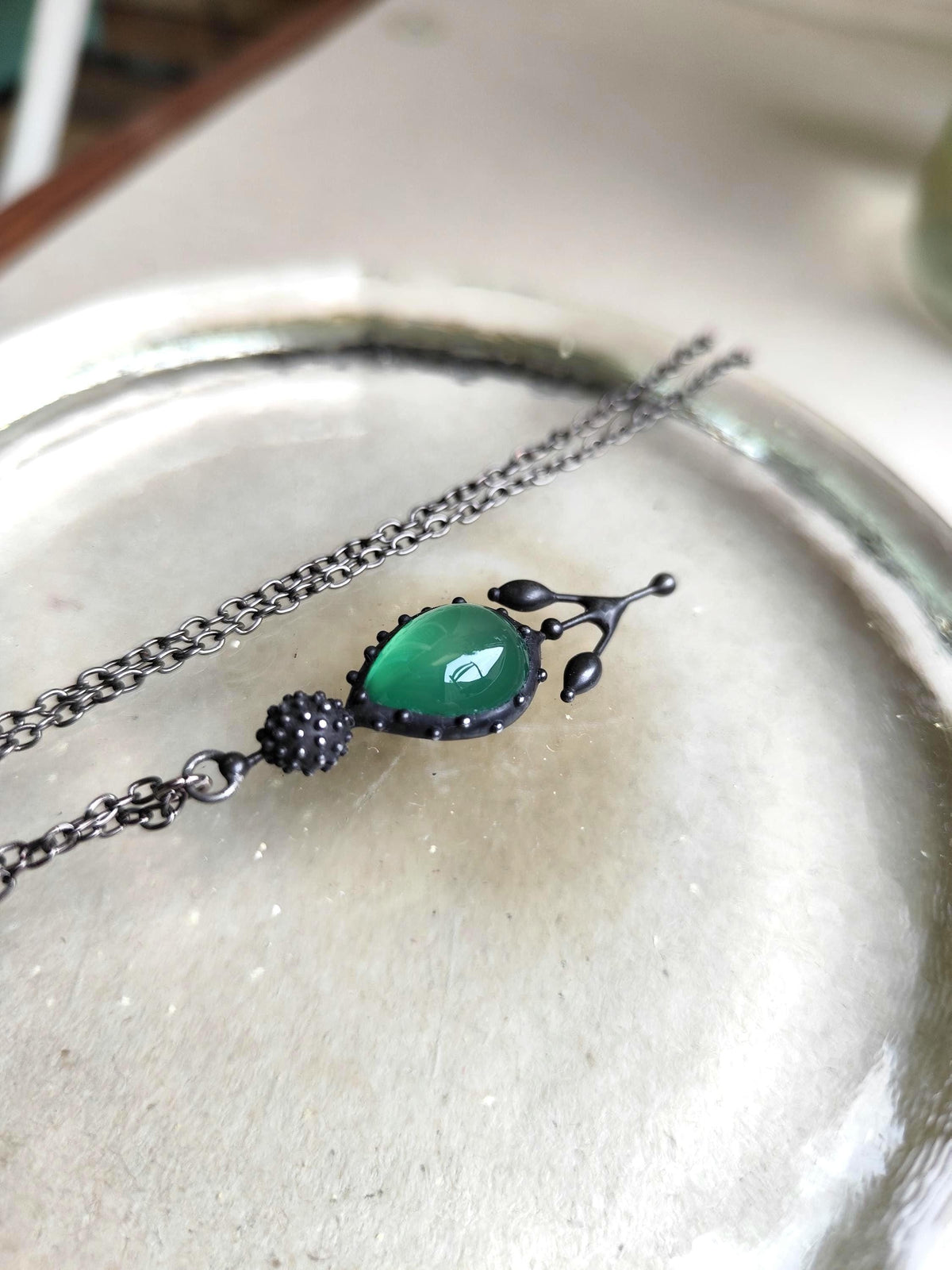 Green Agate Flower Pendant Necklace – Blackened Copper