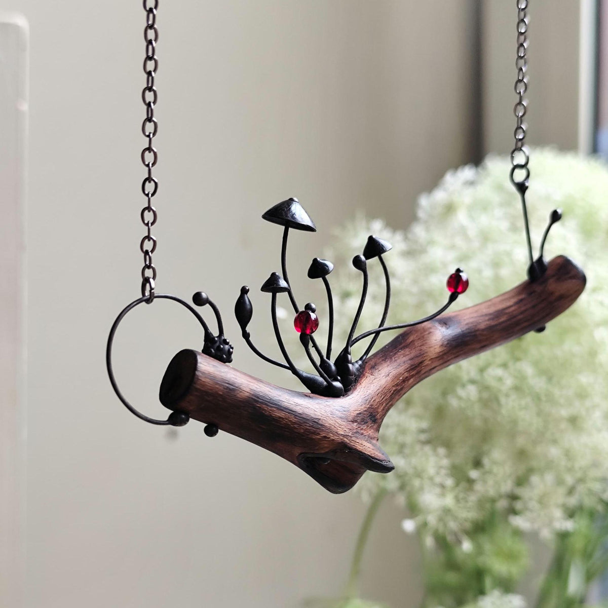 Wood Mushroom Necklace with Red Glass