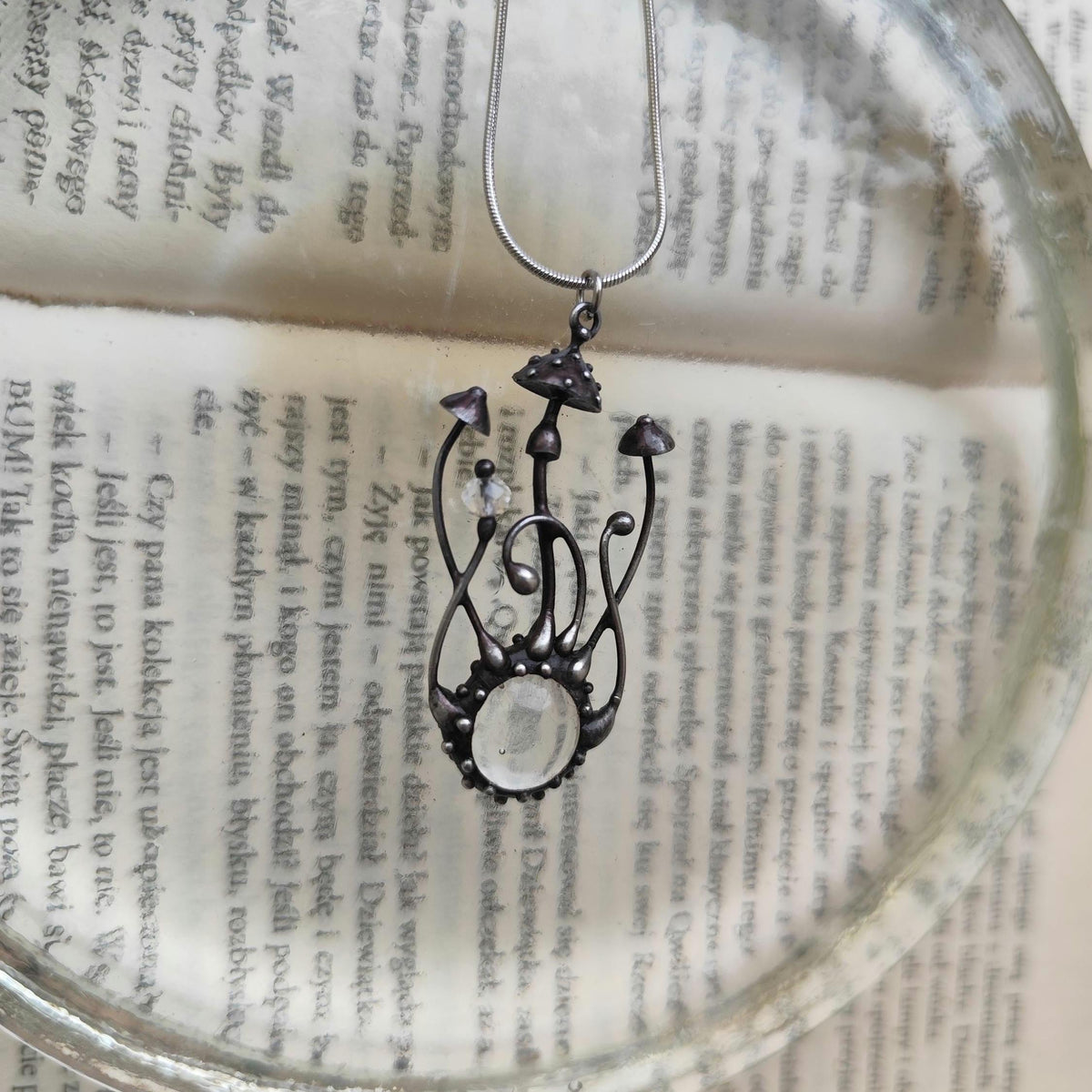 Clear Glass Amanita Mushroom Necklace – Silver Tone