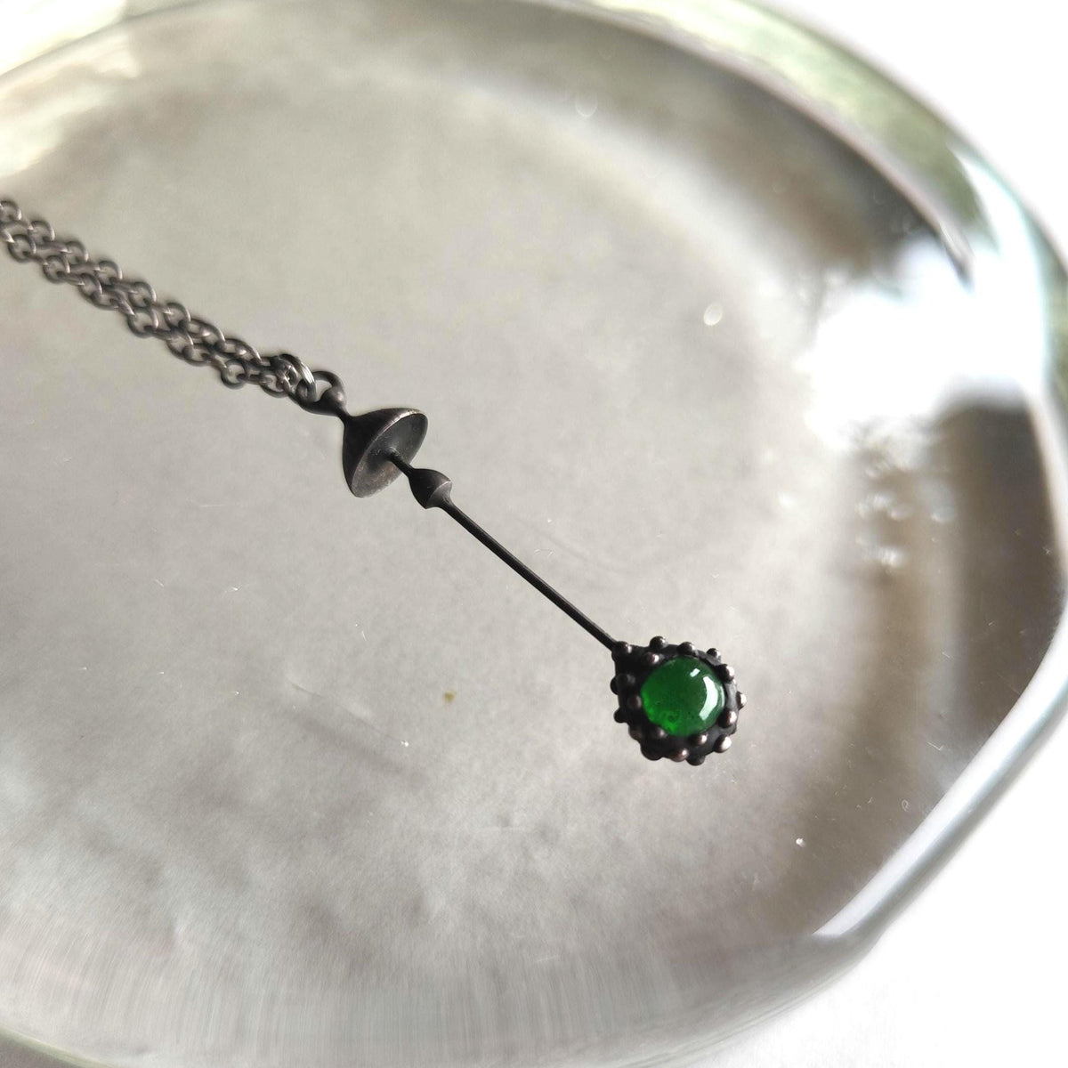 Green Glass Mushroom Necklace – Blackened Copper Long Stem Pendant – Minimalist Forest