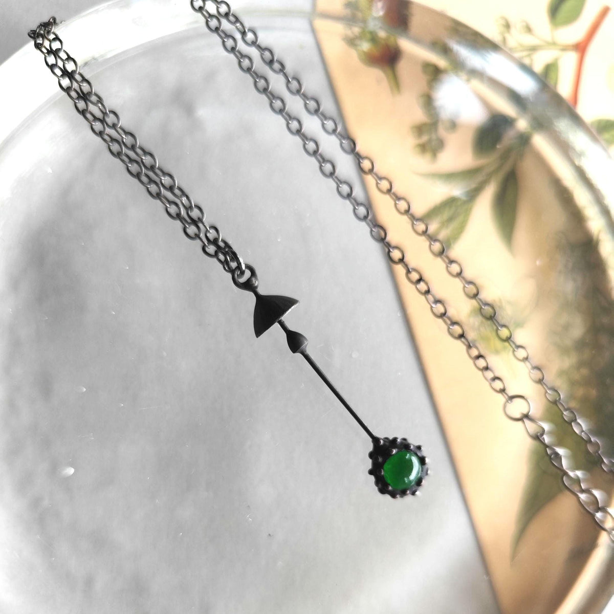 Green Glass Mushroom Necklace – Blackened Copper Long Stem Pendant – Minimalist Forest