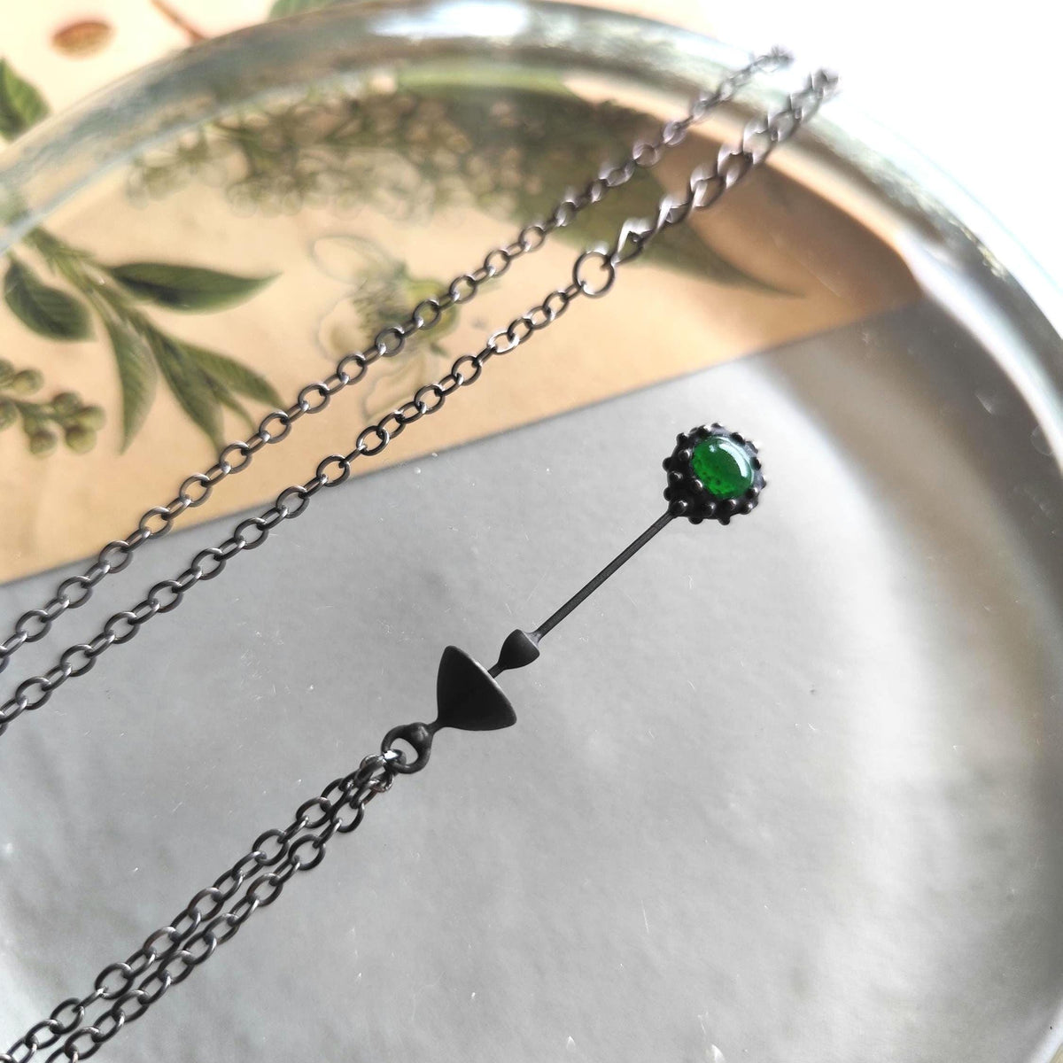 Green Glass Mushroom Necklace – Blackened Copper Long Stem Pendant – Minimalist Forest