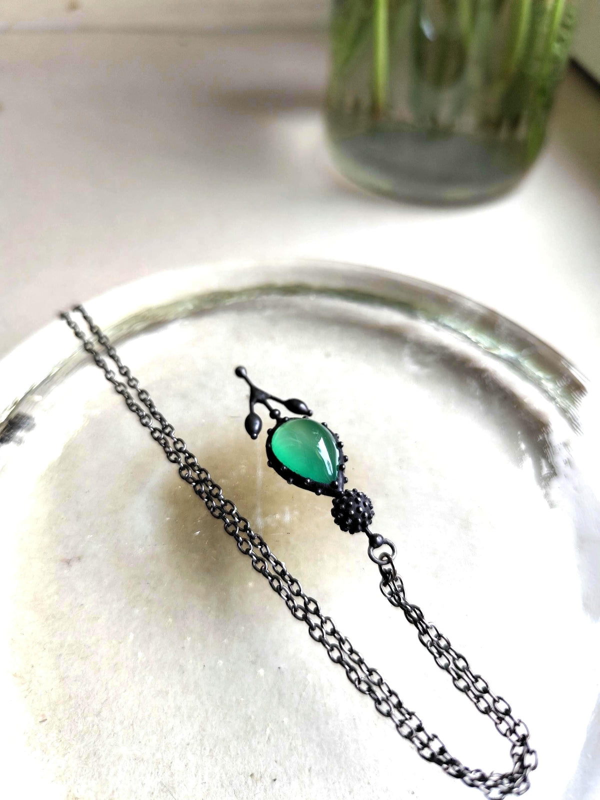 Green Agate Flower Pendant Necklace – Blackened Copper