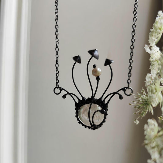Clear Glass Mushroom Necklace with Pearl – Blackened Copper
