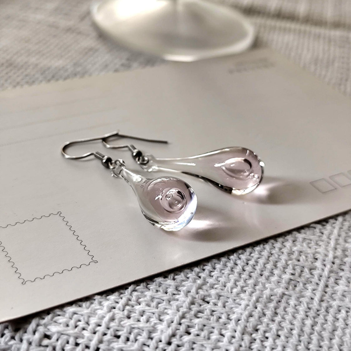 Handblown Clear and Pink Glass Teardrop Earrings