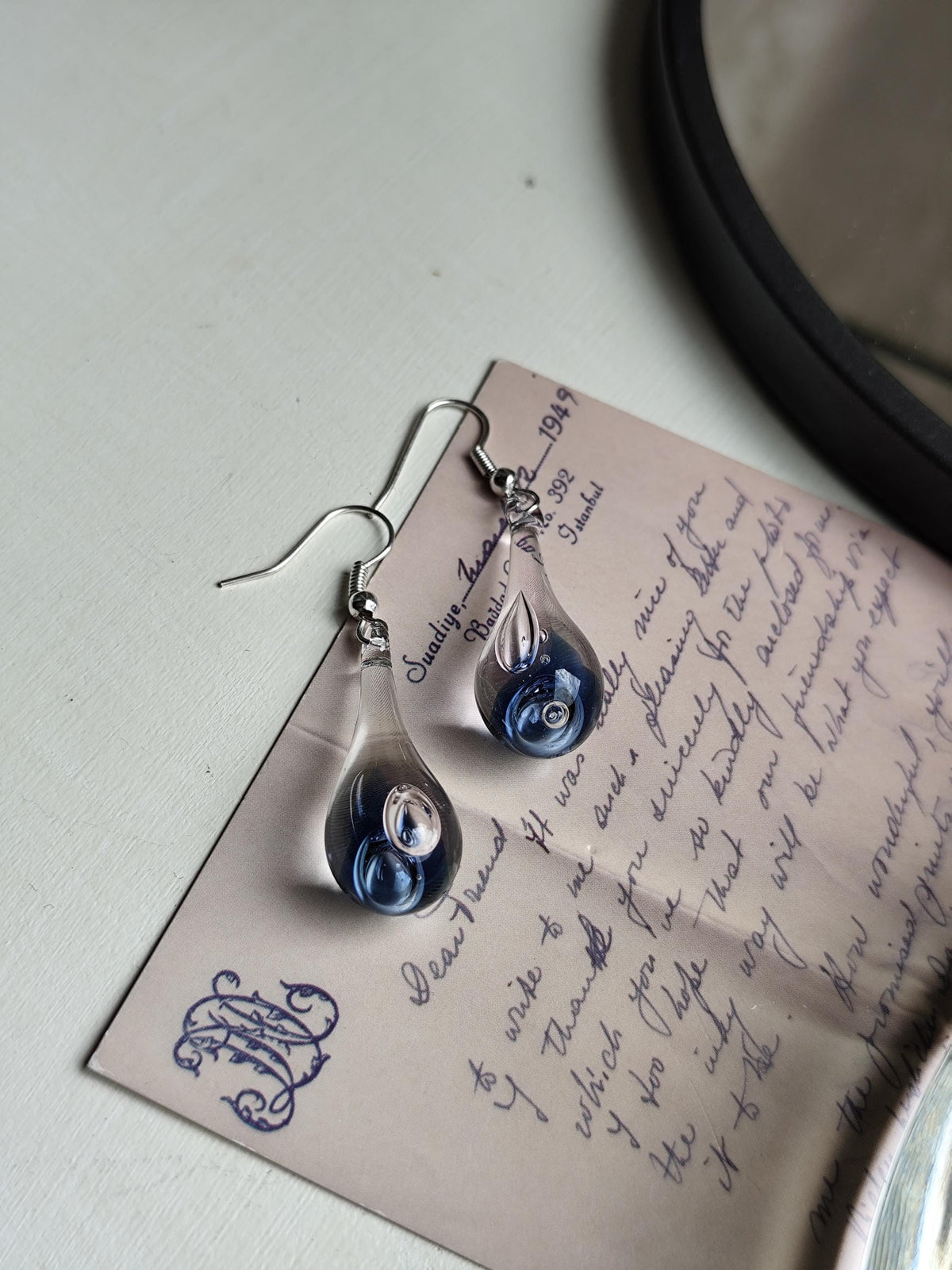 Handblown Blue Swirl Glass Teardrop Earrings