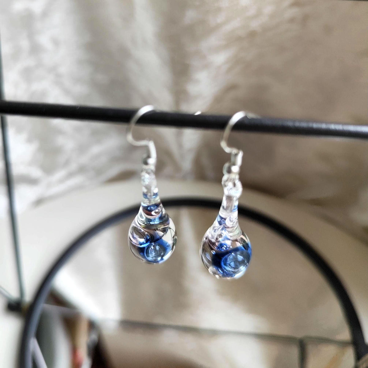 Handblown Blue Swirl Glass Teardrop Earrings