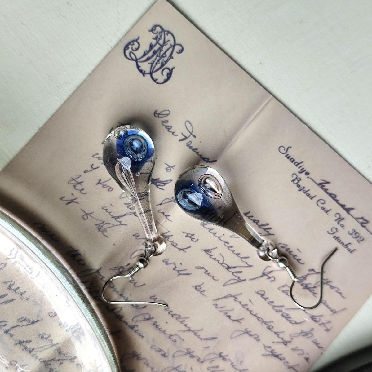 Handblown Blue Swirl Glass Teardrop Earrings