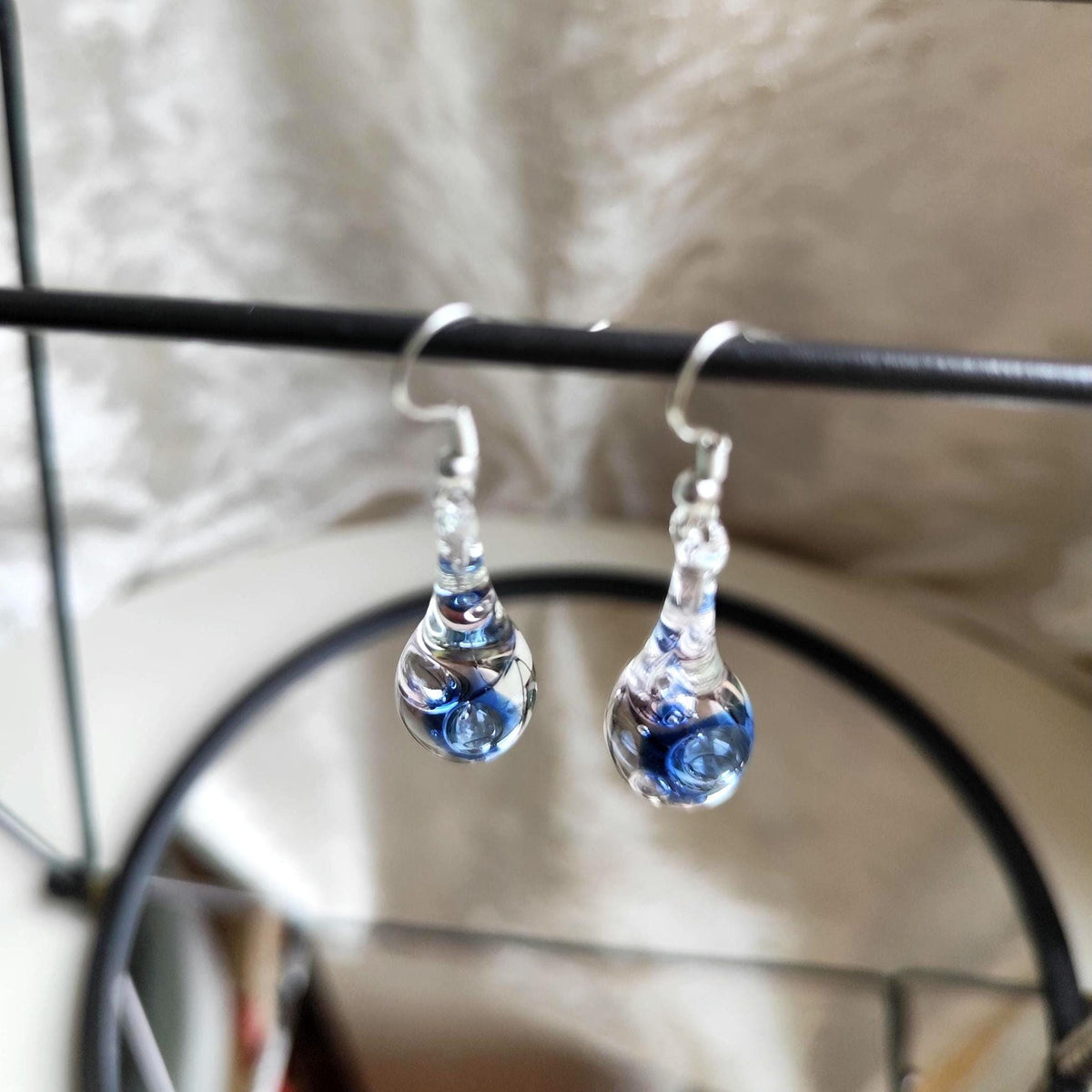 Handblown Blue Swirl Glass Teardrop Earrings