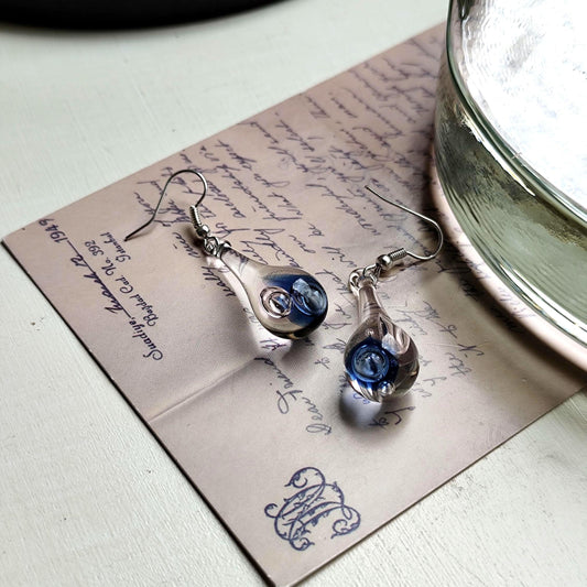 Handblown Blue Swirl Glass Teardrop Earrings