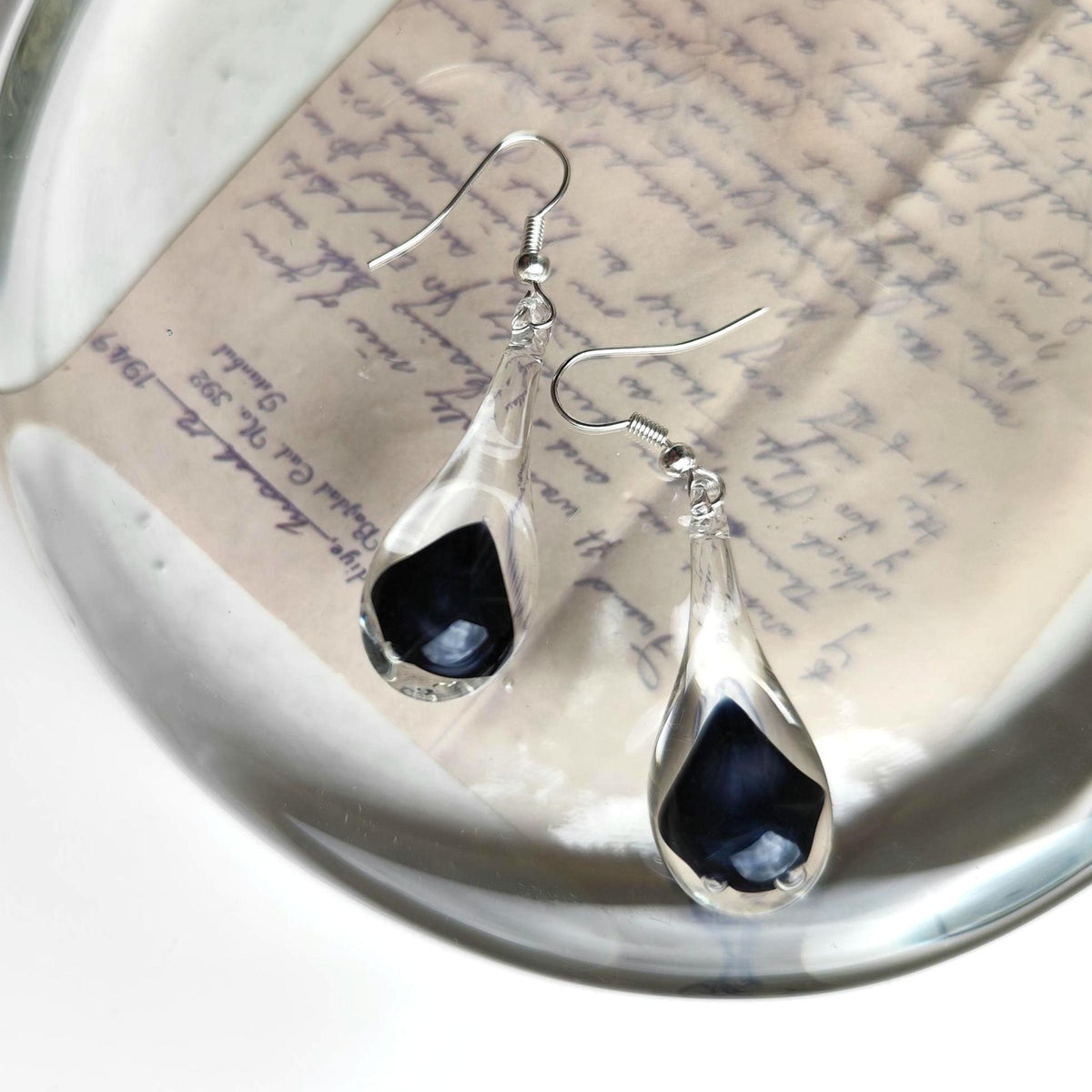 Handblown Black and Clear Glass Teardrop Earrings