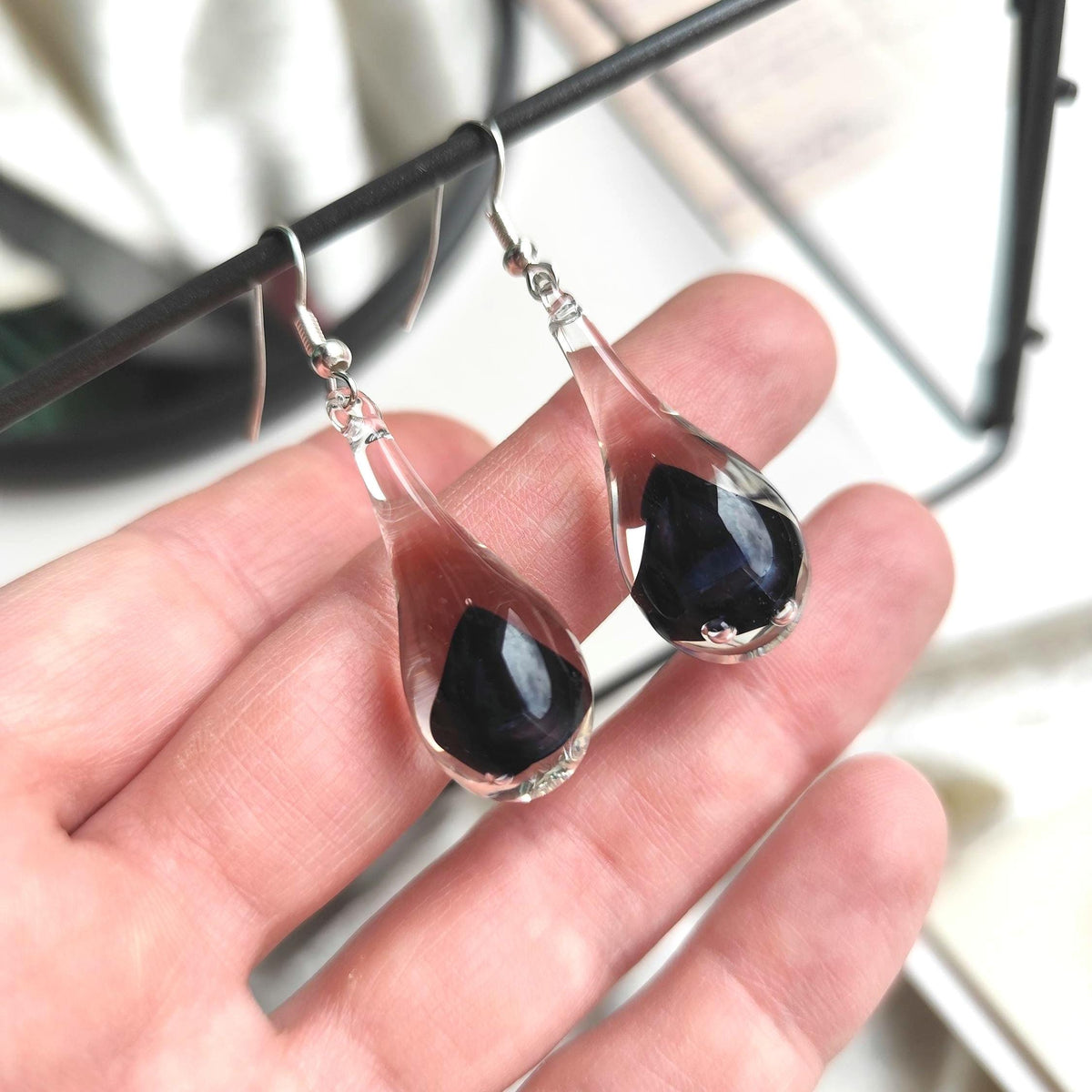 Handblown Black and Clear Glass Teardrop Earrings