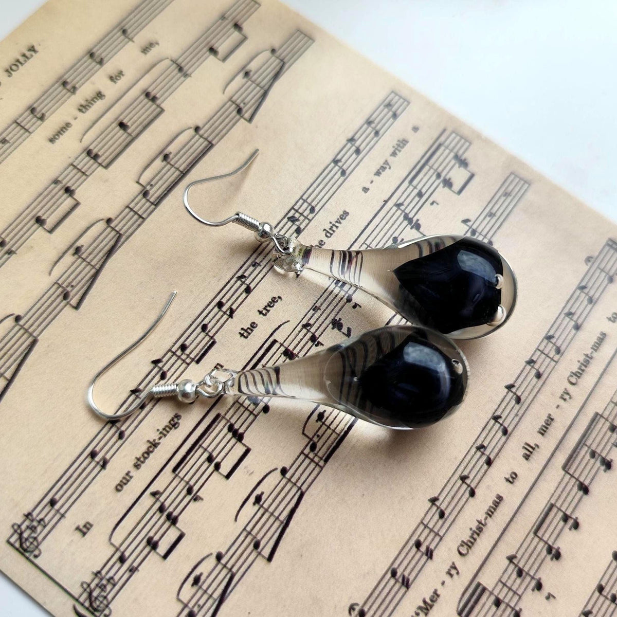 Handblown Black and Clear Glass Teardrop Earrings