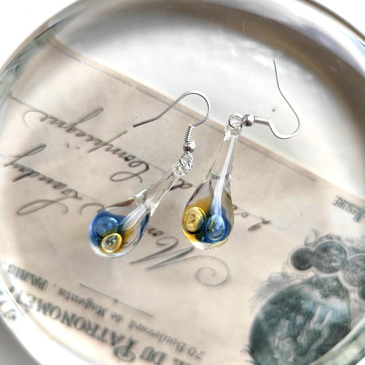 Blue and Amber Glass Drop Earrings