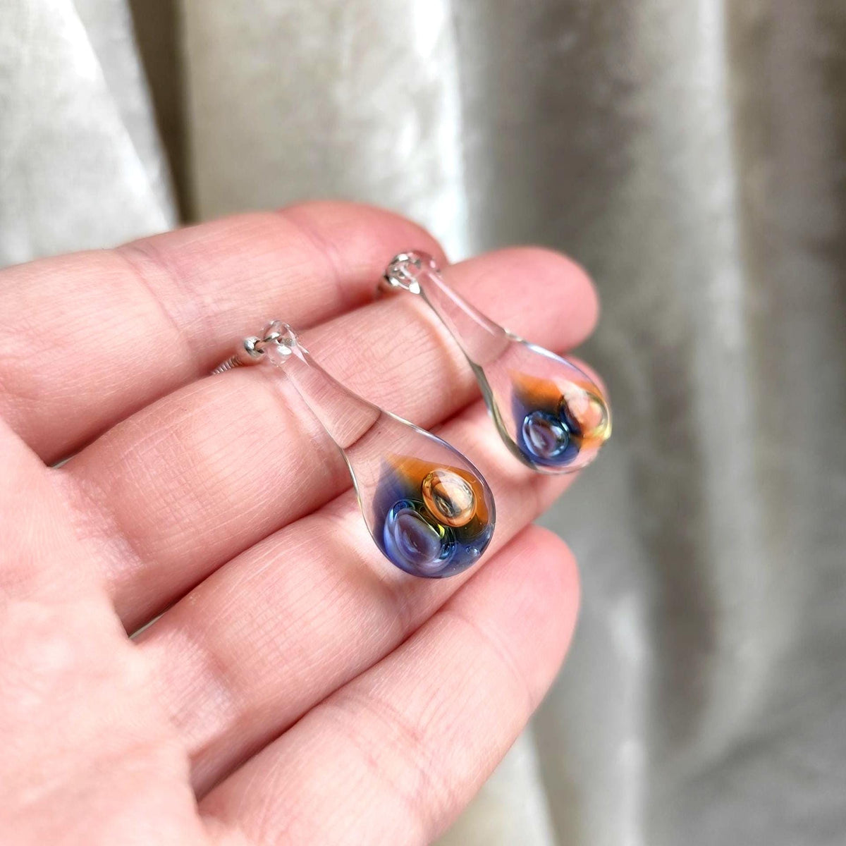 Blue and Amber Glass Drop Earrings