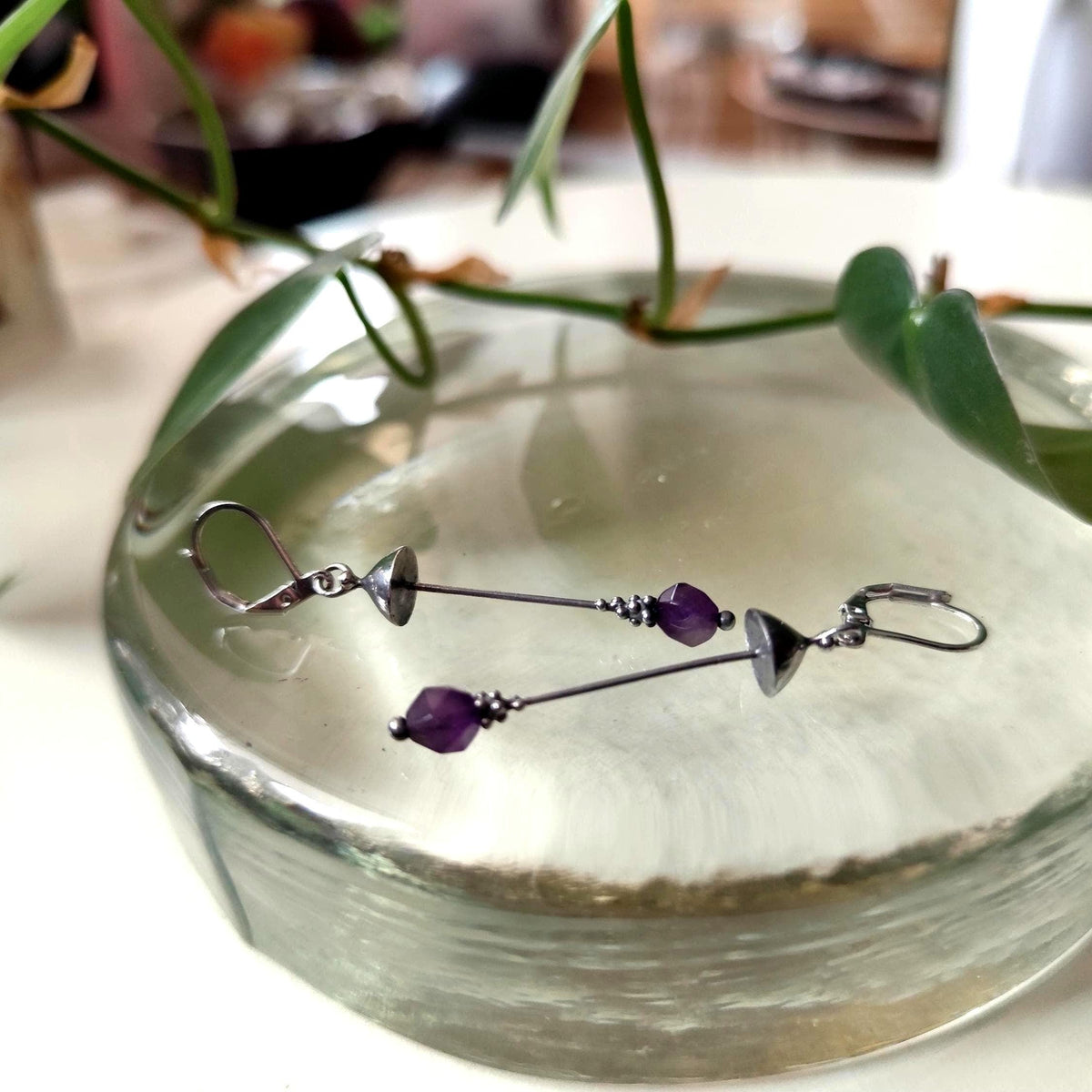 Amethyst Mushroom Earrings – Silver Tone