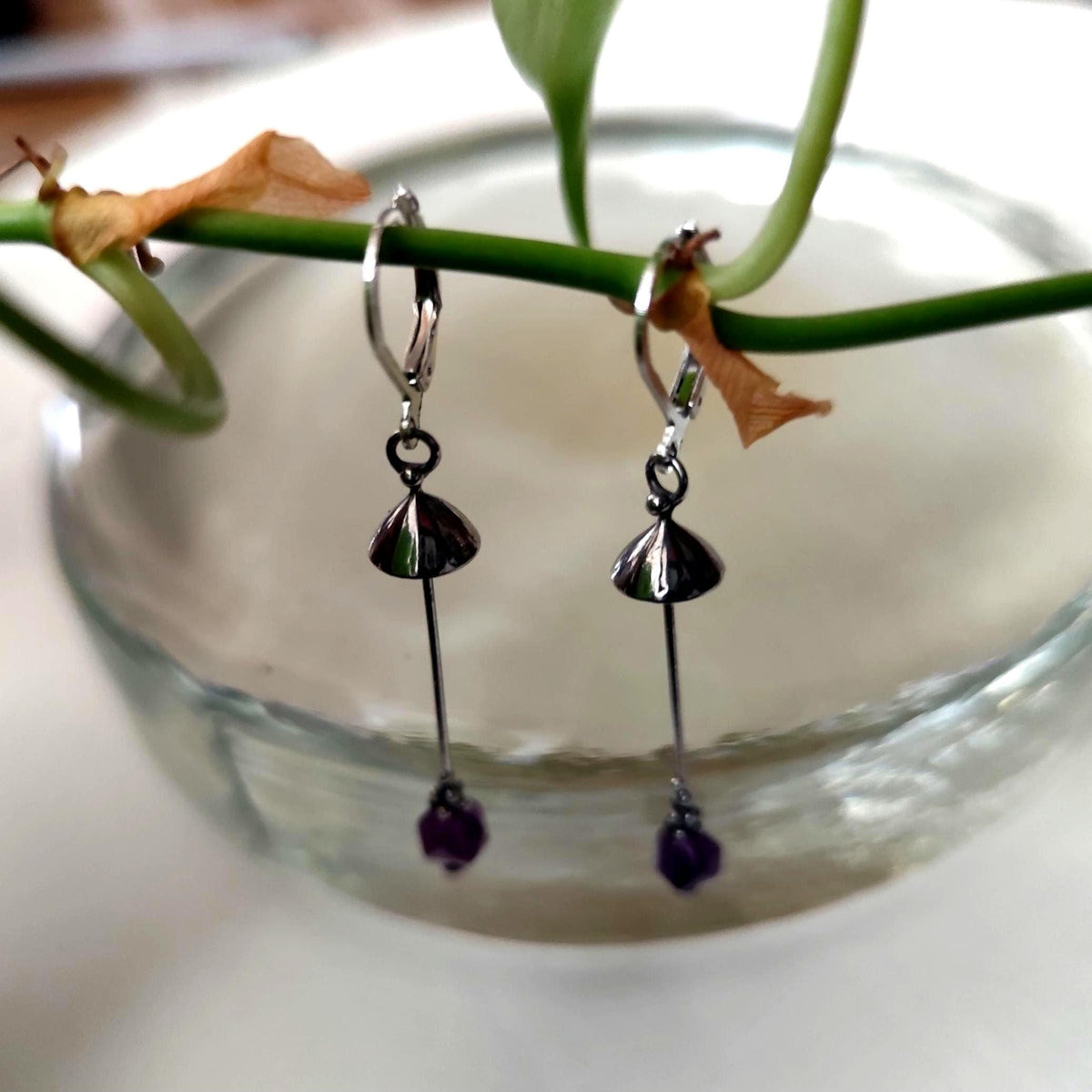 Amethyst Mushroom Earrings – Silver Tone