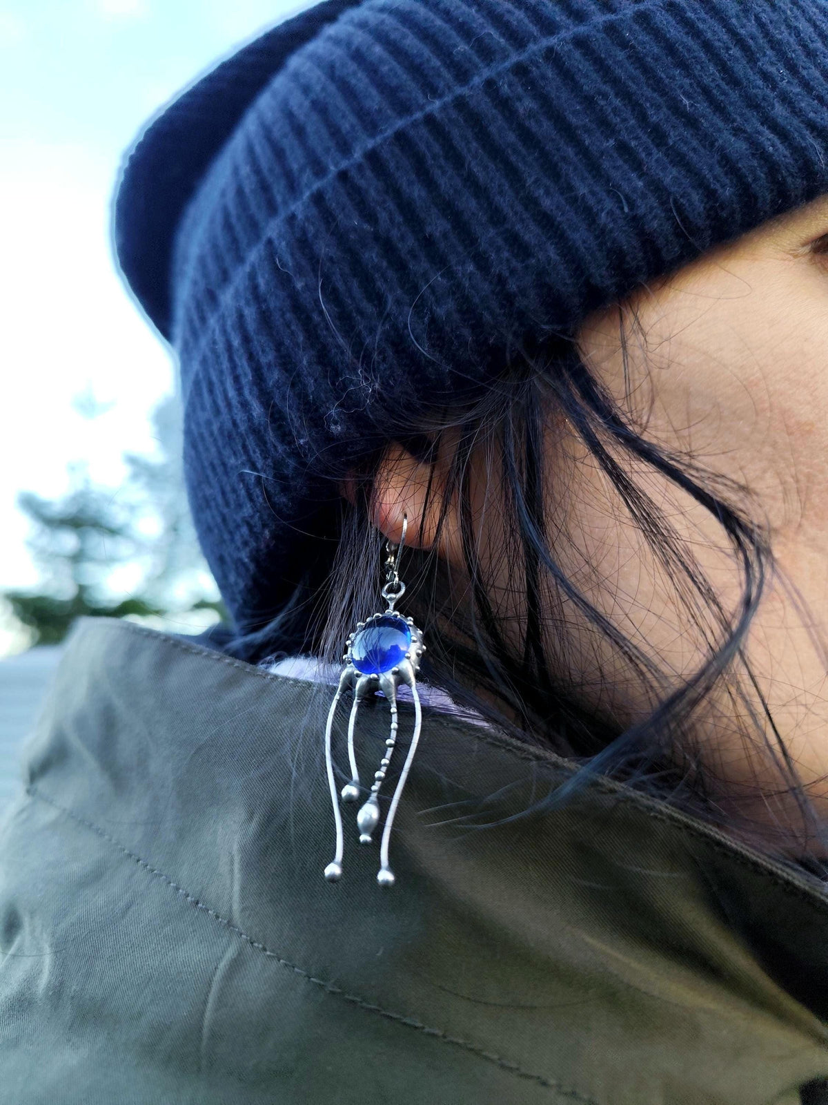 Blue Glass Jellyfish Earrings – Silver Tone