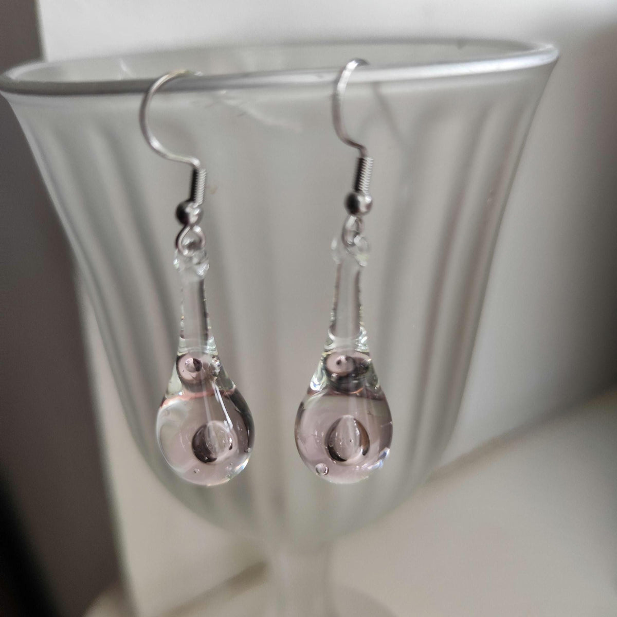 Handblown Clear and Pink Glass Teardrop Earrings
