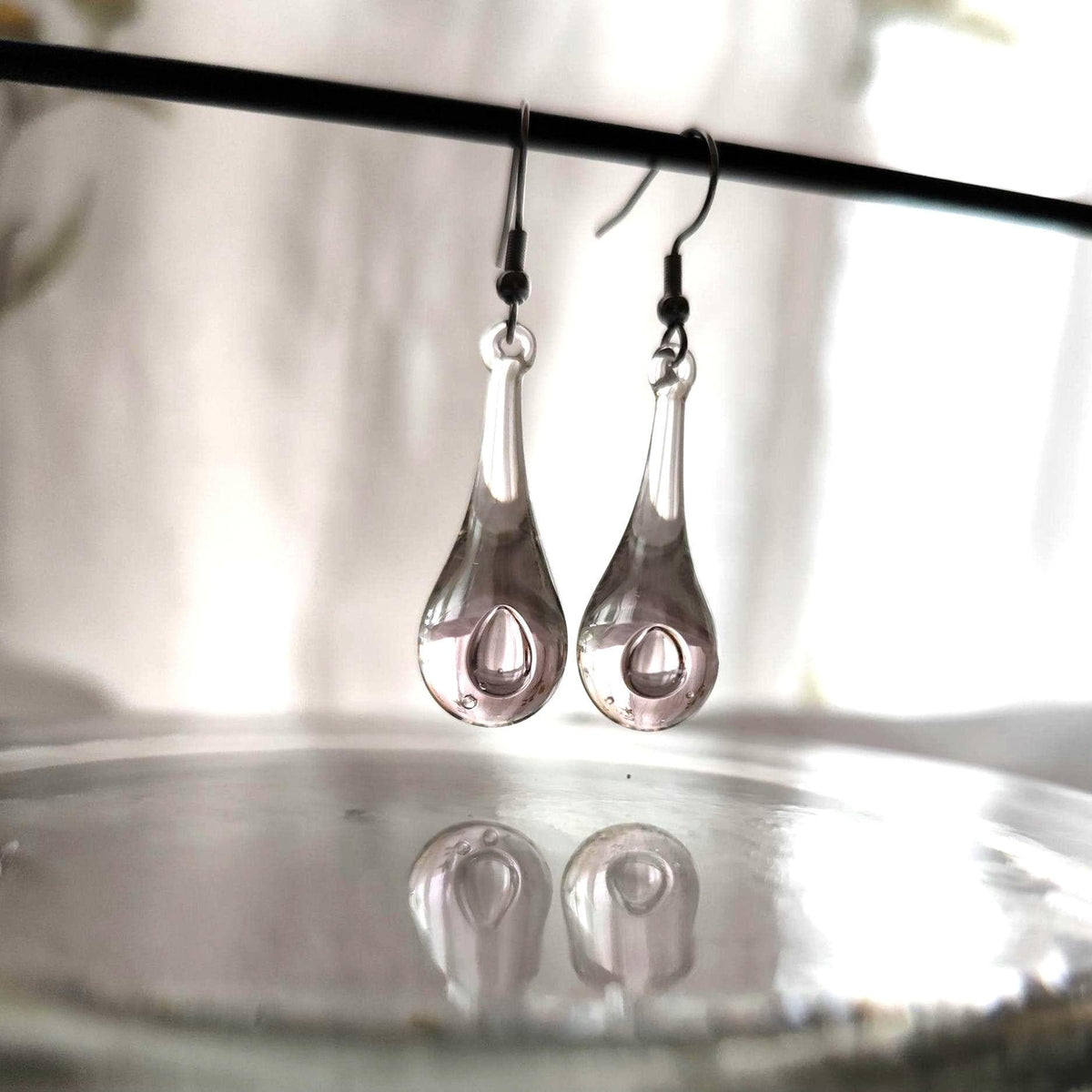 Handblown Clear and Pink Glass Teardrop Earrings